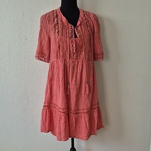 Knox Rose Womens Size Medium Coral Pink Boho Peasant Dress W/ lining Sz M